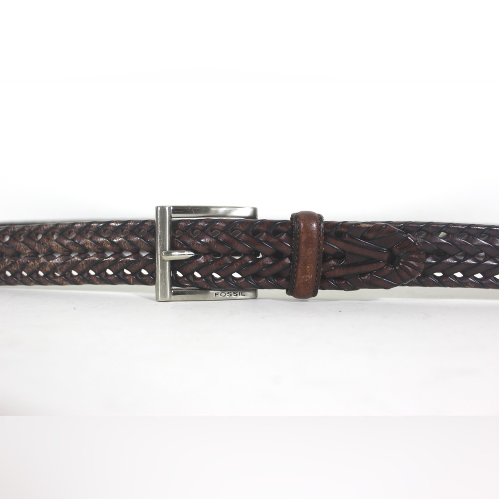 Adjustable Braided Woven Brown Leather Belt Silver Buckle Vintage Distressed